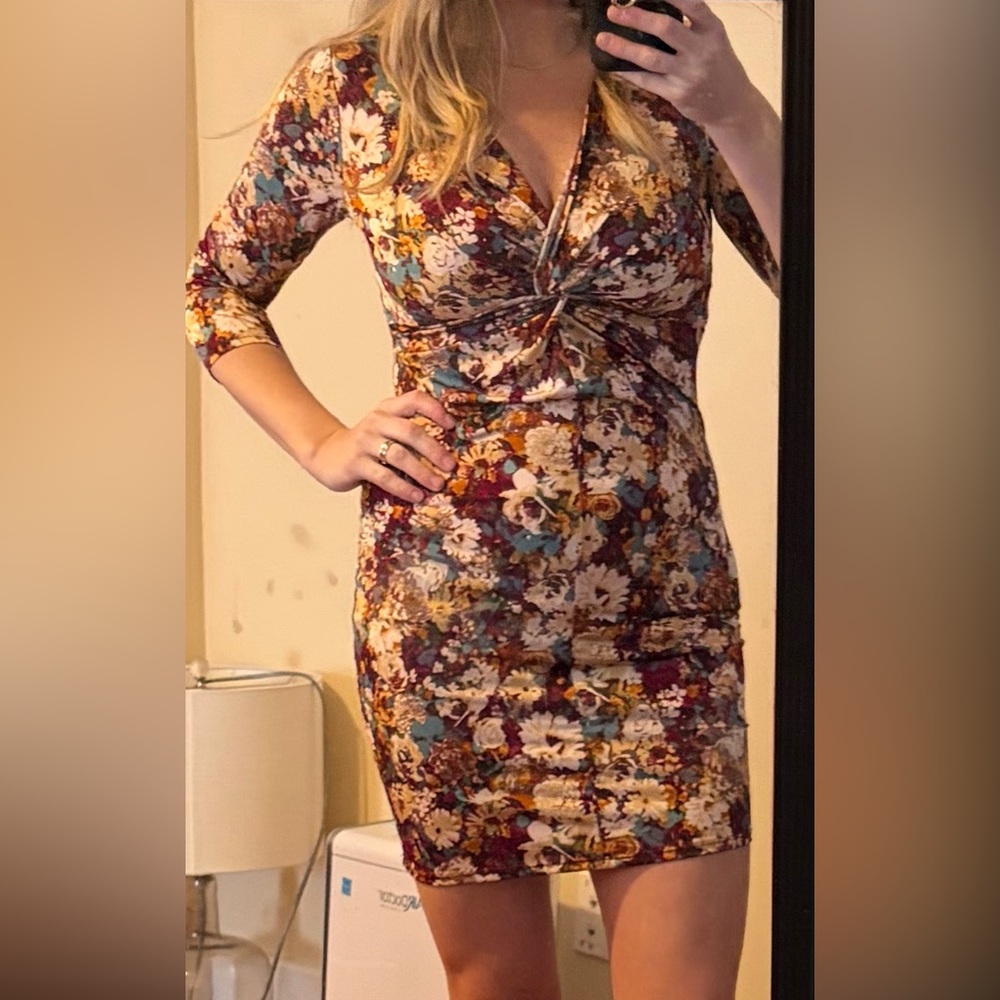 Forever 21 Maroon Floral Sheath Dress 3/4 Sleeve Medium